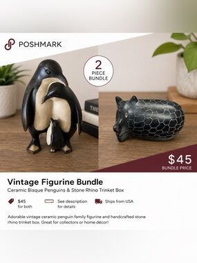 Vintage Figurine Bundle – Ceramic Penguin Family & Stone Rhino Trinket Box